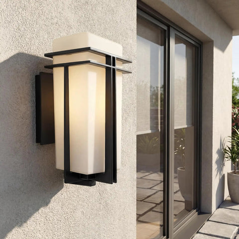 Outdoor Wall Light 1 Light Exterior Wall Sconce With A Slick Black Finish And Satin Etched Opal Glass, 11.75 Inch High