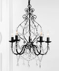 Black 17 Inch 5 Light Crystal And Metal Chandelier With Traditional Cascading Beads Adjustable Chain For Dining Room Or Entryway UL Listed Energy Saving LED Bulbs Included, showcasing ornate crystal design against a white background.
