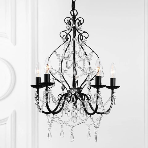 Black 17 Inch 5 Light Crystal And Metal Chandelier With Traditional Cascading Beads Adjustable Chain For Dining Room Or Entryway UL Listed Energy Saving LED Bulbs Included, showcasing ornate crystal design against a white background.