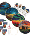Beginner Embroidery Starter Kit With Pattern Pack And Hoop, All In One DIY Set For Adults with patterned cloths and tools