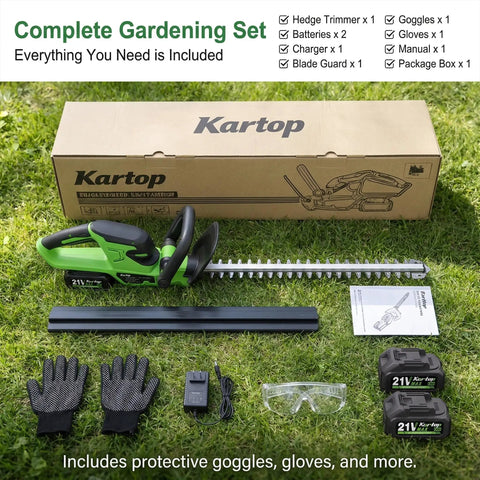 Cordless Hedge Trimmer With Battery And Charger Included, 22 Inch Dual Action Blades, 3000 RPM Motor, garden tool set on grass