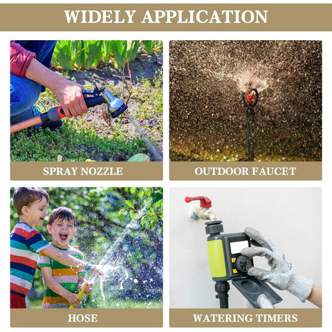 Four images of garden tools and uses: spray nozzle, outdoor faucet with water spraying, children playing with hose, watering timers.