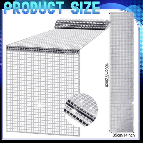 Disco Ball Party Supplies Kit 121 Pcs Silver table runner, 72x14 inches, grid pattern, for weddings, birthdays, bachelorette parties.