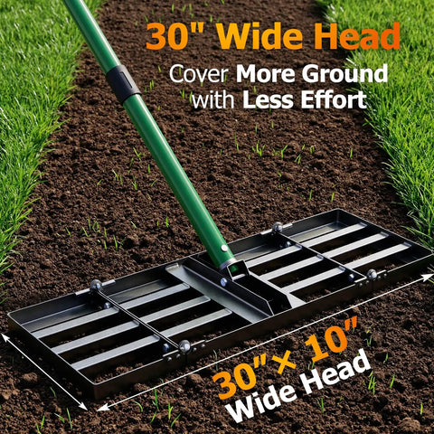 30 By 10 Inch Lawn Leveling Rake With Heavy Duty Steel Head And 33 To 77 Inch Adjustable Handle on soil showcasing wide head