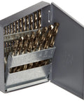 Hardcore Cobalt Steel Jobber Length Drill Bit Set With Metal Case Gold Oxide Finish 135 Degree Split Point Inch Sizes One Sixteenth To Three Eighths In One Sixty Fourth Increments 21 Piece HSS Drill Bit Kit For Pros in open metal case