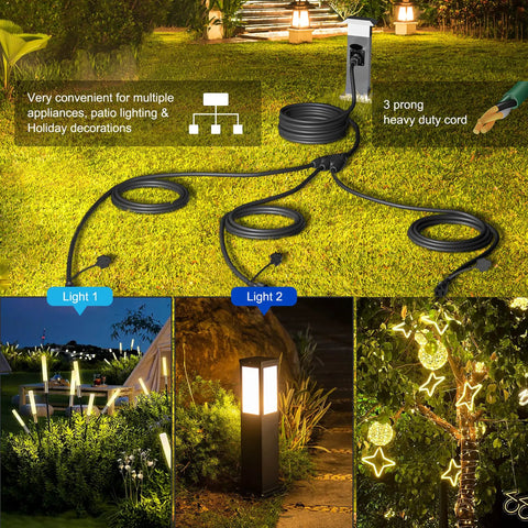 Outdoor Ready 1 To 3 Outlet Splitter Extension Cord, 25 Ft Total, 16 Gauge SJTW, in garden setting, powering lights