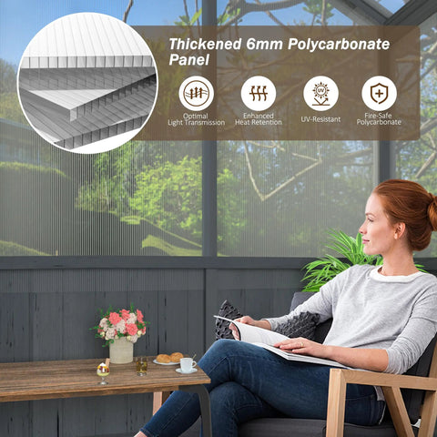 Woman sitting in a cedar greenhouse with a 6mm polycarbonate panel inset, showcasing 8x16 Ft Cedar Wood Greenhouse Kit With Lockable Door And Vent Window.