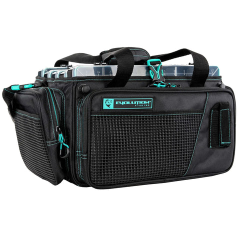 Side view of Drift Series Tackle Bag With Horizontal Topless Opening Seafoam 3700 Size Outdoor Rucksack with trays and pockets visible