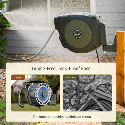 Image of wall mounted retractable garden hose reel with automatic rewind, 100 ft length in seaweed green, spraying water