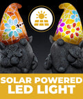 Chillin Gnomes Solar Powered LED Outdoor Light Set Of 2 For Garden Patio And Lawn with colorful mosaic hats lit at night.