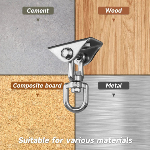 Beefy Heavy Duty Swing Hangers for Wooden Sets 360 Swivel Stainless Steel Hardware 1000 Pound Capacity Hammock Hanger shown with compatible materials wood, metal, cement, and composite board