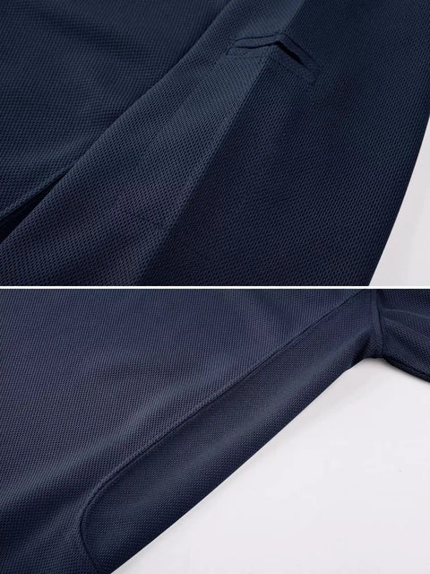 Close-up of Men's Navy Polo Shirt Short Sleeve Hike Ready and Hunt Ready, Quick-Dry Polyester Pique fabric texture.