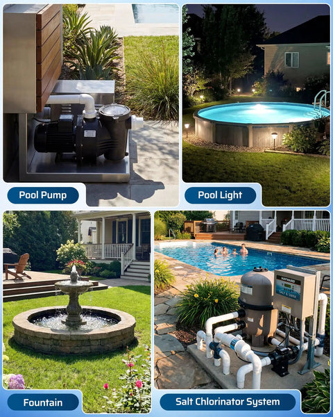 Straight Shooting 1HP Heavy Duty Outdoor Timer With 2 Outlets Mechanical Dial For Pool Pumps And Irrigation rugged construction beside a pool pump.