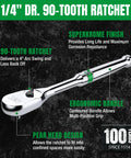 One Quarter Inch Drive Ratchet Handle With Pear Head For Tight Spots, 90 Tooth Smooth Ratcheting, chrome finish visible