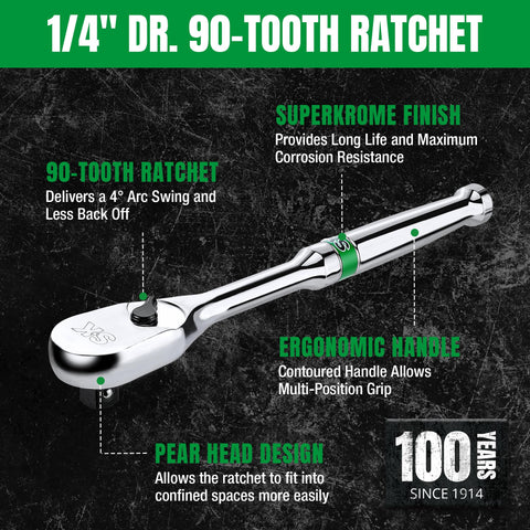 One Quarter Inch Drive Ratchet Handle With Pear Head For Tight Spots, 90 Tooth Smooth Ratcheting, chrome finish visible