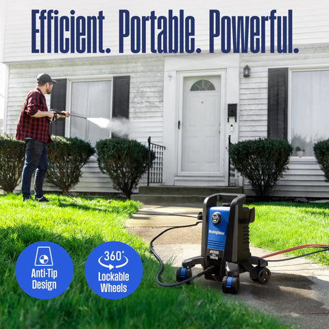 Person using Beast Electric Pressure Washer With 2500 Max PSI And 1.76 GPM Anti Tip Tech to clean a house exterior