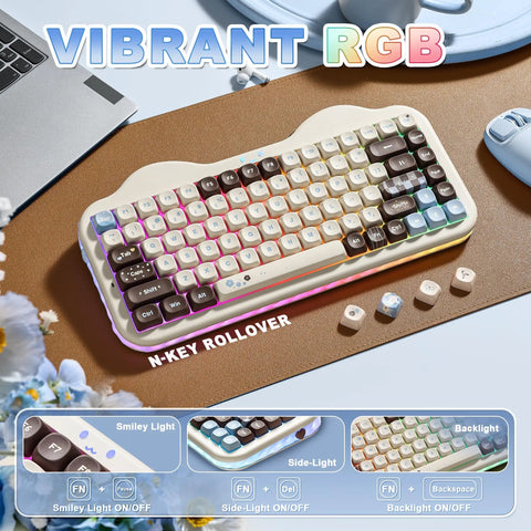 Killer 75 Percent Wireless Mechanical Keyboard With Cute Cake Theme And Compact Layout Featuring Smooth Choco And Candy Switches For A Sweet Gaming Setup And Dope Desk Vibes on a brown mat with vibrant RGB lighting.