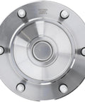 Front view of Beefed Up Wheel Bearing And Hub Assembly Fits Toyota 4Runner 2003 Through 2019 Tacoma 2005 Through 2019 And FJ Cruiser 2007 Through 2009 Replacement OE Grade Hub With Sealed Bearings For A Smooth Quiet Ride And Long Lasting Performance showing six lug bolts and smooth metal finish.