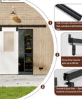 Exterior Barn Door Hardware Kit With Door 96 By 84 Inches K Frame 16 Foot Heavy Duty Black Sliding Track System Waterproof And Rustproof Easy Install For Warehouse And Garage Pine Door installed on wooden exterior wall, showcasing close-up of rustproof track system and heavy-duty capacity details.