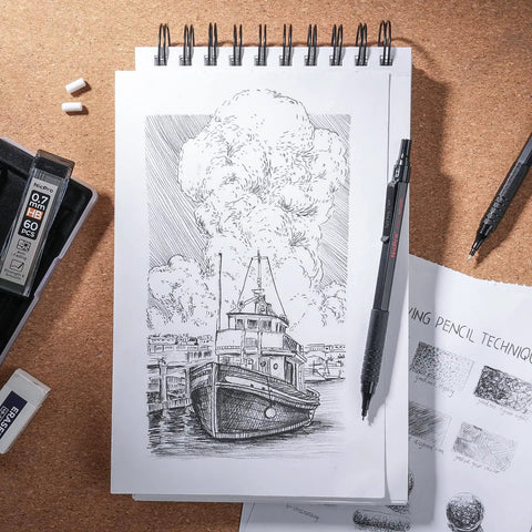 Metal Mechanical Drafting Pencil Set For Sketching And Drawing with ship sketch on notebook and art supplies