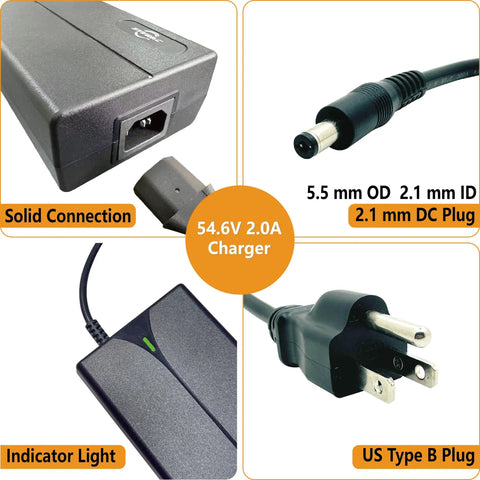 54V 2A Smart Electric Bike Charger For 48V Lithium Batteries, 120V AC Input, DC 2.1mm Jack, OVP OCP SCP Protection, Red Charging Light, Green Battery Ready Indicator, Turbo Fast Charge For E Bikes And Scooters
