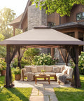 13x13 Pop Up Gazebo With Mosquito Netting over patio furniture in a garden setting, no tools needed, adjustable height options