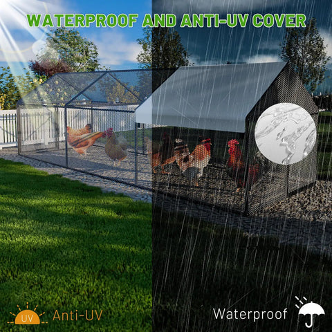 Roomy Metal Chicken Coop With Weatherproof Cover For Outdoor Backyards Walk In Hen House during sunny and rainy conditions