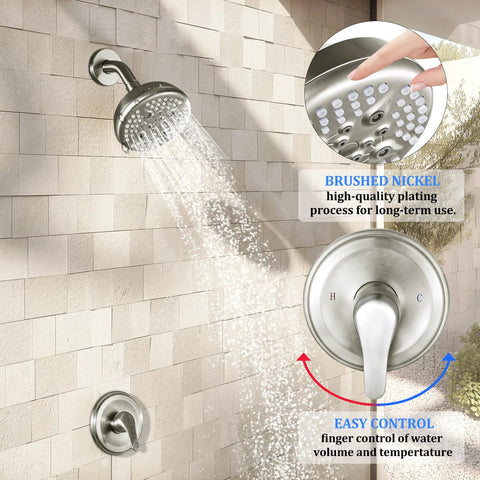 Straight Up Brushed Nickel Shower System With Quick Install In Wall Pressure Balance Valve And Massive Five Inch Five Spray Head Single Handle Bath Trim Kit No Tub Spout Needed