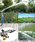 1.5 Inch Aluminum Alloy Irrigation Sprinkler Spray Gun for Lawn and Garden in use over a large vegetable garden, 360-degree watering display