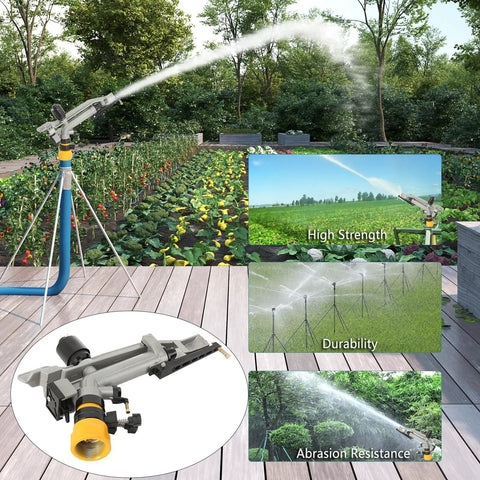 1.5 Inch Aluminum Alloy Irrigation Sprinkler Spray Gun for Lawn and Garden in use over a large vegetable garden, 360-degree watering display