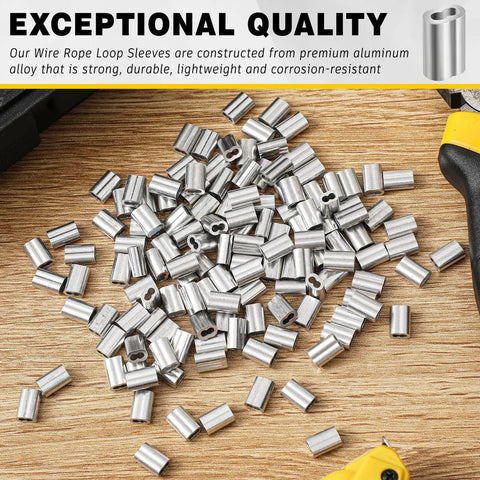 500 Piece Aluminum Crimp Loop Sleeves For One Sixteenth Inch Wire Rope And Cable Ends, Durable Lightweight Ferrules End Caps For DIY Rigging, Marine Outdoor Gear, Easy Quick Crimp. Aluminum crimp loop sleeves on wood surface