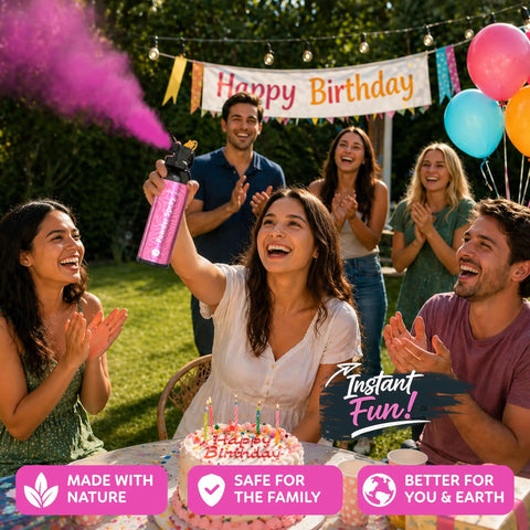 Sick Vibes Pink Smoke Bomb Powder Spray Launcher Kit For Outdoor Raves And Festivals Featuring Hella Biodegradable Color Burst And Super Quick Cleanup Party Essential Gear For Summer Block Parties And Backyard Hangouts in use at a birthday party.