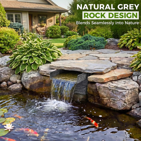 8 Inch Wide Rock Lid Waterfall Spillway Kit For Ponds And Gardens with natural gray finish creating a smooth water sheet over rocks.