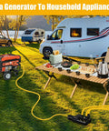 Heavy Duty Nema L14-30p To Four Port Generator Power Adapter With Twist Lock Plug powering outdoor appliances at a campsite.