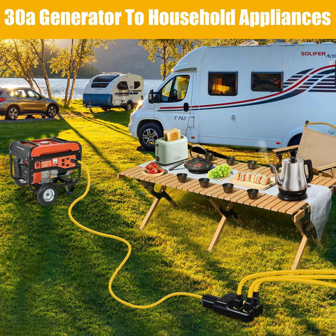 Heavy Duty Nema L14-30p To Four Port Generator Power Adapter With Twist Lock Plug powering outdoor appliances at a campsite.