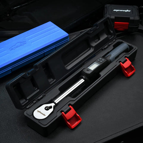 Half Inch Digital Torque Wrench With Rotating Display For Precise Fastening, 19.9 To 154.8 Lb Ft Range, Four Percent Accuracy, Beep Alerts When Target Reached, Easy Unit Conversions Between Lb Ft Nm Kg, Half Inch Drive, Made In Taiwan, in case