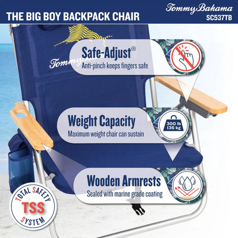 Big Boy 4-Position Folding Backpack Chair With 13 Inch High Seat For Beach Or Camp, showing safe-adjust feature and weight capacity
