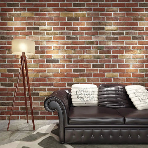 20 Pack Faux Brick 3D Wall Panels Peel And Stick In Red Brown Self Adhesive Waterproof Foam Wallpaper in living room setting