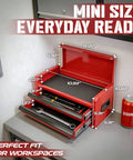 Mini Toolbox With Two Drawers And Top Storage In Durable Steel Smooth Glide Ball Bearing Slides Portable Tool Box Organizer For Garage Workshop School Or Office Use In Red on a table showing open drawers next to a 330ml can for size reference.
