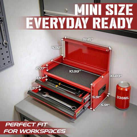 Mini Toolbox With Two Drawers And Top Storage In Durable Steel Smooth Glide Ball Bearing Slides Portable Tool Box Organizer For Garage Workshop School Or Office Use In Red on a table showing open drawers next to a 330ml can for size reference.