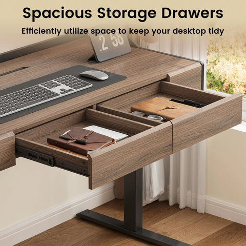 ModernMate Electric Standing Desk With Storage Drawers, showing spacious drawers with organization for office supplies.