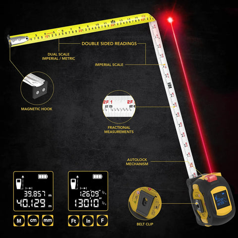Two In One Digital Laser Distance Meter And Tape Measure With 130 Foot Laser Range And 16 Foot AutoLock Tape, features labeled