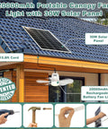 Solar Powered Ceiling Fan With 30W Solar Panel And 20000mAh Battery installed on porch providing cooling and light