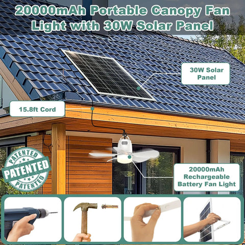 Solar Powered Ceiling Fan With 30W Solar Panel And 20000mAh Battery installed on porch providing cooling and light