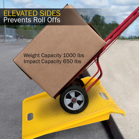 Heavy Duty Portable Curb Ramp With 1000lb Capacity for Furniture Dollies Hand Trucks and Moving Carts with box on ramp