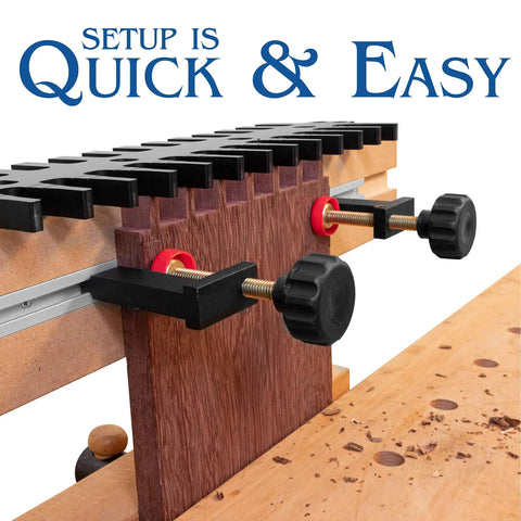 Master Dovetail Jig System With Two Anodized Aluminum Tracks and Clamps showing quick setup on wooden board