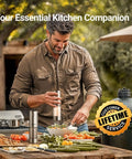 Man using Upgraded Large Capacity Electric Salt And Pepper Grinder Set Game Changer 110ml Rechargeable with LED light outdoors.
