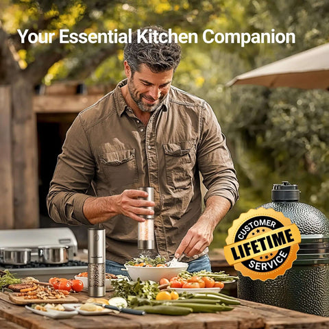 Man using Upgraded Large Capacity Electric Salt And Pepper Grinder Set Game Changer 110ml Rechargeable with LED light outdoors.