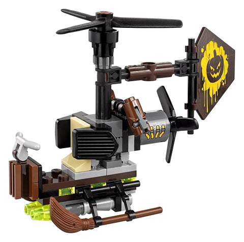 Batman Movie Scarecrow Fearful Face Off 70913 Building Kit With Scarecrow gyro copter, broom detail, pumpkin decal visible.