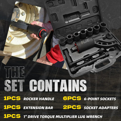 Heavy Duty Torque Multiplier Wrench Set With 24mm To 38mm Cr-V Sockets, 4800 Nm Max Torque, shown with case and accessories